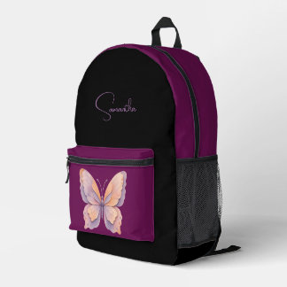 Mochila Impresa Mariposa Elegante Profundo Morado Ciruela Nombre P