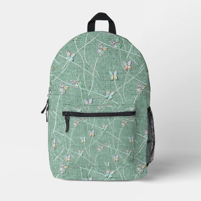 Mochila Impresa Mariposas acuarelas en Mint GreenLInen (Anverso)