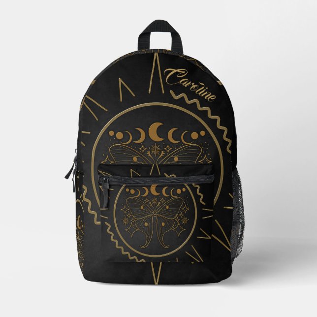 Mochila Impresa Mariposas elegantes de fibra dorada. (Anverso)