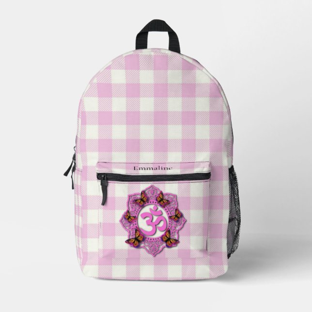 Mochila Impresa Mariposas rosadas rosadas de platija ohm chakra (Anverso)