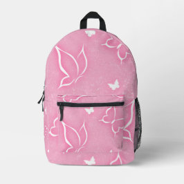 Mochila Impresa Mariposas rosadas y blancas brillan en fondo rosa