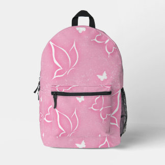 Mochila Impresa Mariposas rosadas y blancas brillan en fondo rosa