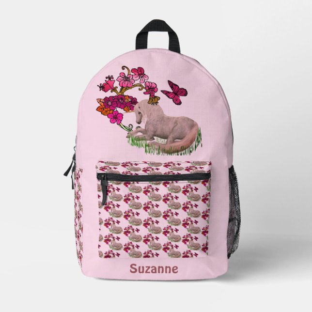 Mochila Impresa Mariposas Y Flores De Unicornio Personalizadas (Anverso)