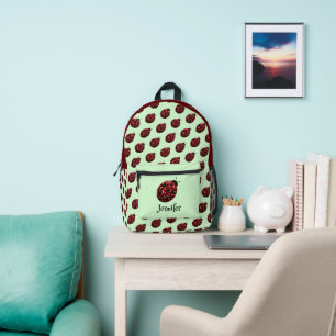 Mochila Impresa Mariquita brillo rojo patrón verde nombre personal