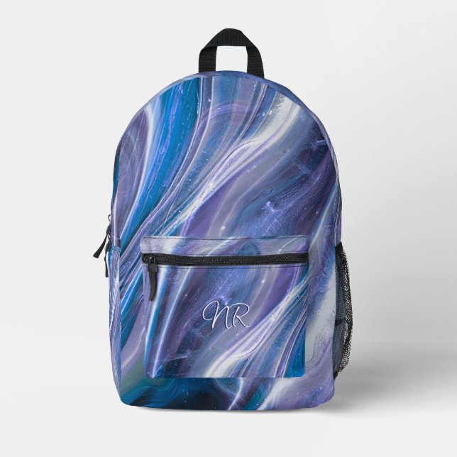 Mochila Impresa Mármol azul morado moderno Guay Añadir tu monogram (Anverso)