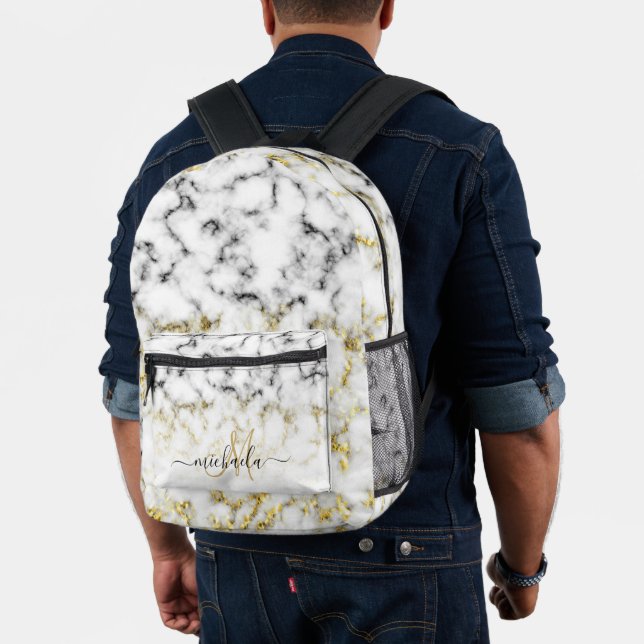 Mochila Impresa Mármol blanco negro chispeante de oro Monograma (Insitu (Modelo))