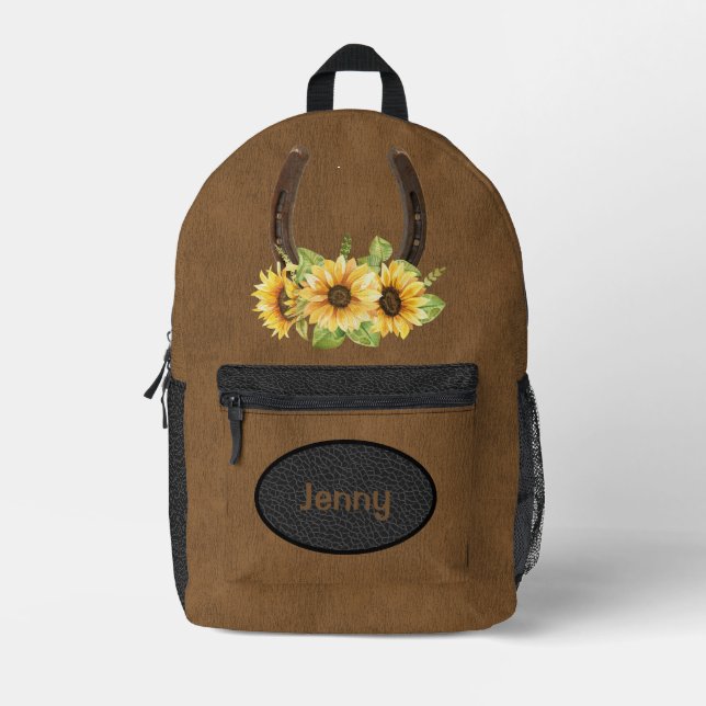 Mochila Impresa Marrón de girasol herradura personalizada (Anverso)