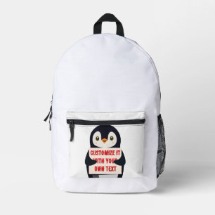Mochila Impresa Mascota de pingüino sosteniendo un cartel para tex