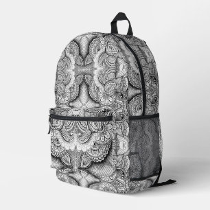 Mochila Impresa Maximalista floral mandala artístico en blanco y n