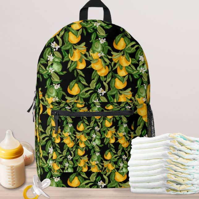 Mochila Impresa Mediterranean Lemon Baby Essentials (Chic Baby Gear Backpack with lemons pattern on black)