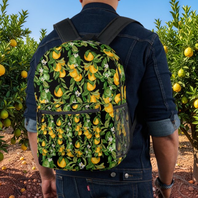 Mochila Impresa Mediterranean Lemon Baby Essentials (Mediterranean Lemons Pattern on Black Backpack - Italian and Sicilian heritage gift)