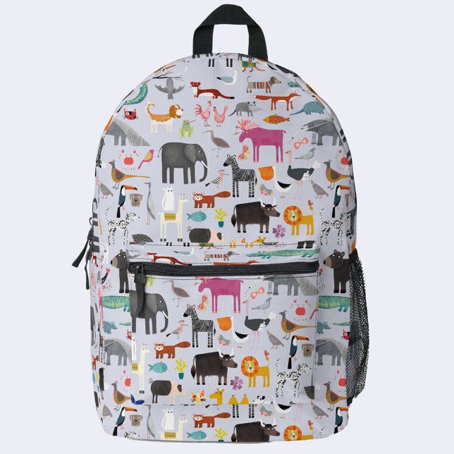 Mochila Impresa Menagerie animal (Animal menagerie backpack with wild, farm, jungle, safari and pet animals and birds)