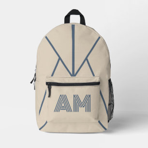 Mochila Impresa Mínimo Monograma de Arena Beige y Azul Pizarra