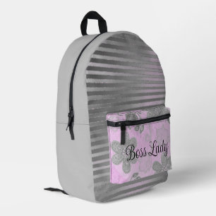Mochila Impresa Moda Bandas Plateadas Florales Rosadas "Boss Lady"