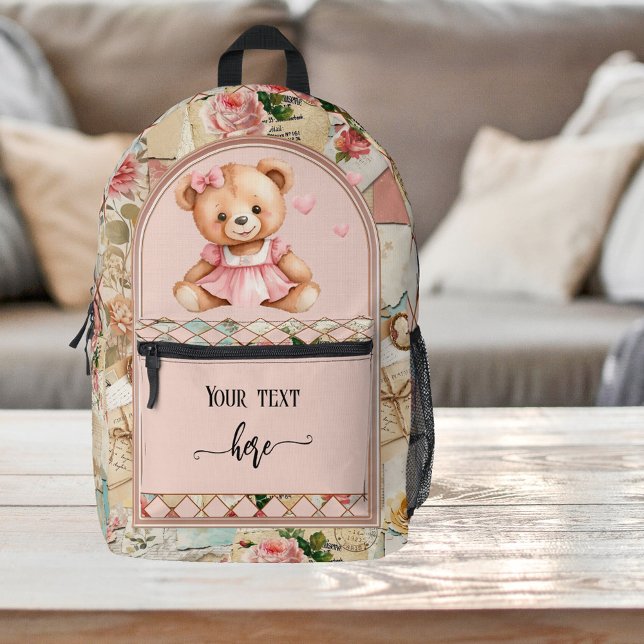 Mochila Impresa Moda Boho del libro de caracter rosa dulce (Backpack featuring a vintage pink design in scrapbook style. With cute teddy bear for a new mom)