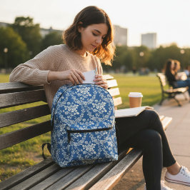 Mochila Impresa Moda botánica del patrón floral blanco azul francé