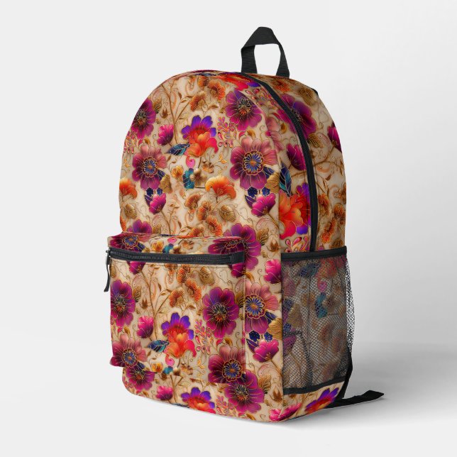 Mochila Impresa Moda crema morada patrón floral (Esquina derecha trasera )