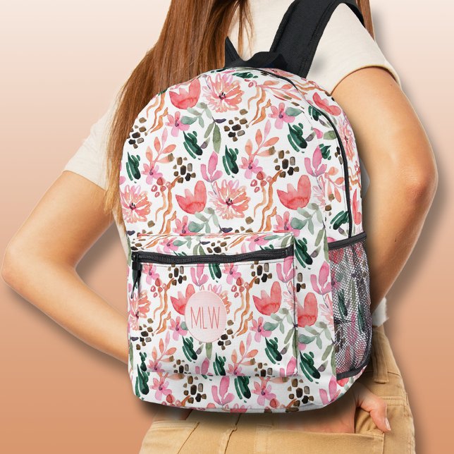 Mochila Impresa Moda Floral Rosa Monogramada (Chic Pink Floral Monogrammed Printed Backpack)