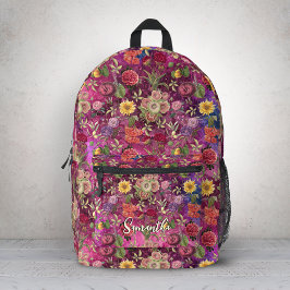 Mochila Impresa Moda flores moradas rosadas monograma floral