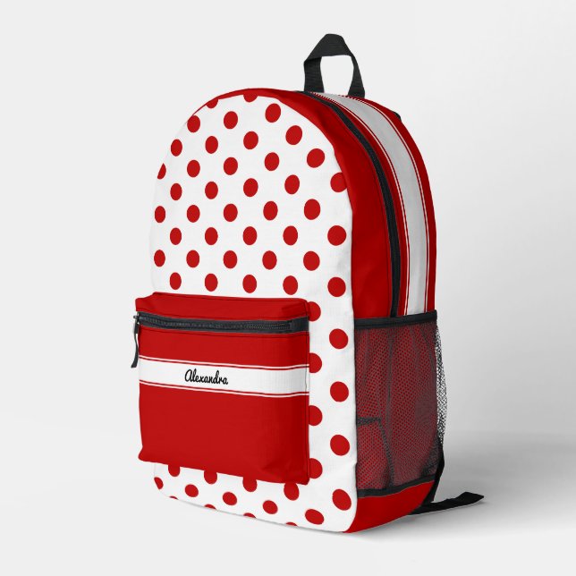 Mochila Impresa Moda Fondo Blanco Rojo Punto Polka (Esquina derecha trasera )