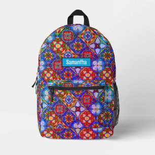 Mochila Impresa Moda talavera mexicana azulejos púrpura azul monog