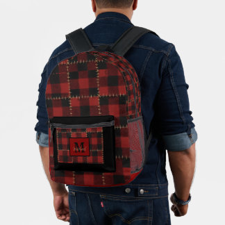 Mochila Impresa Modern Black and Red Buffalo Plaid Monogram Name 