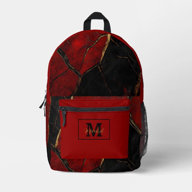 Mochila Impresa Modern Black Red & Gold Monogram Name  (Anverso)