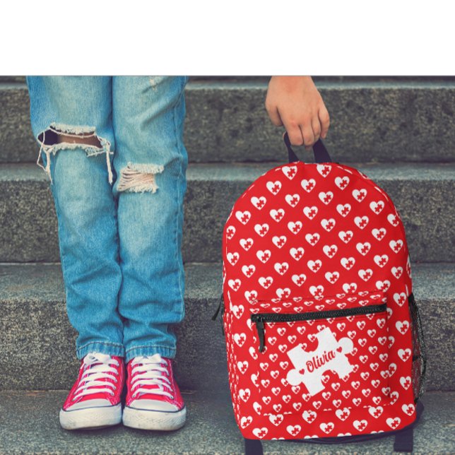 Mochila Impresa Modern Heart And Puzzle Pieces | Valentine Day Red (Modern valentine day love and puzzle pieces custom name backpack )