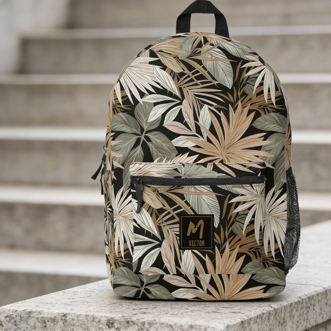 Mochila Impresa Modern Tropical Leaf Black & Gold Pattern Custom (Modern Leaf Black & Gold Pattern Custom Printed Backpack. Ideal for  a nature lover and hiker.)