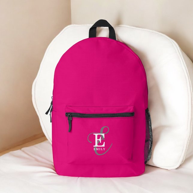 Mochila Impresa Moderna y elegante tipografía de monograma rosa ca (Personalize with your name and monogram initial.)