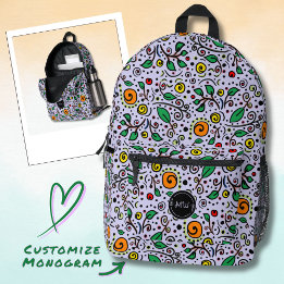 Mochila Impresa Monogram Flower Pattern orange Swirl Berry Lilac