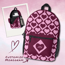 Mochila Impresa Monogram Heart Checkerboard Pattern Bordeaux Pink