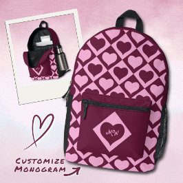Mochila Impresa Monogram Heart Checkerboard Pattern Bordeaux Pink 