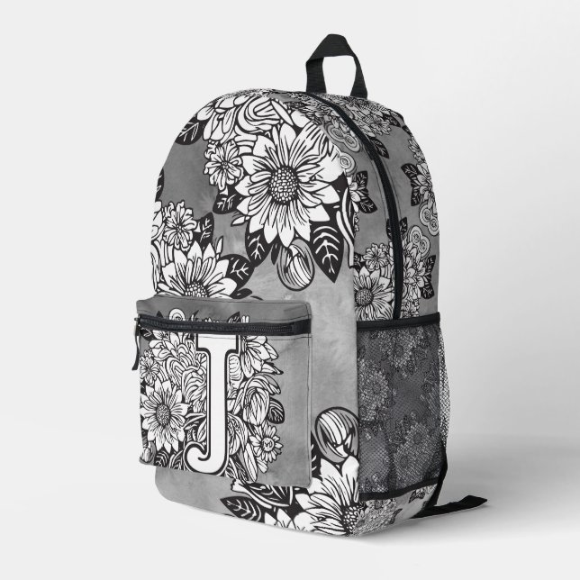 Mochila Impresa Monogram "J" Sunflower Pattern Black and White DIY (Esquina derecha trasera )