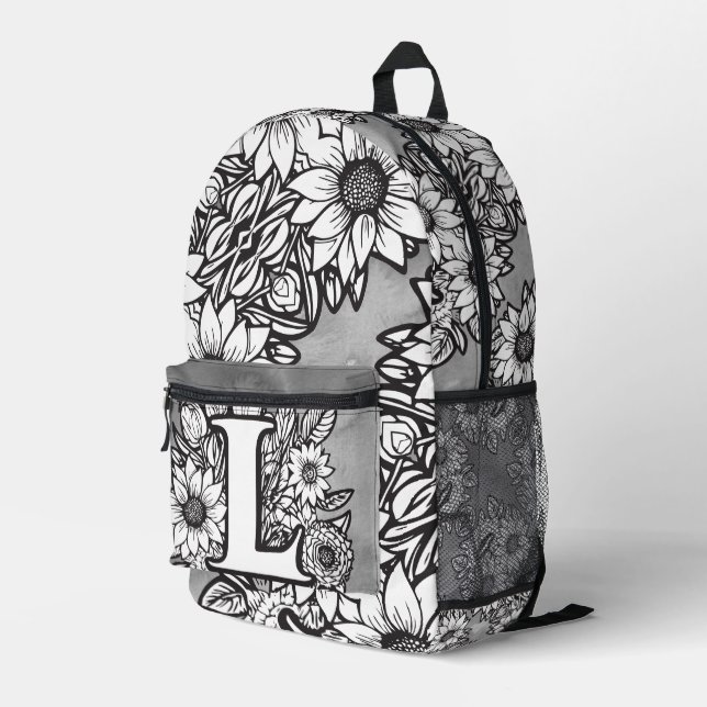 Mochila Impresa Monogram "L" Sunflower Pattern Black and White DIY (Esquina derecha trasera )