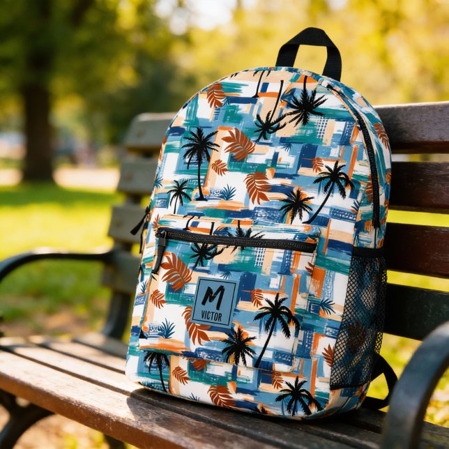 Mochila Impresa Monograma azul del patrón trópico moderno (Modern tropical palm mix checked pattern blue monogram printed backpack, back to school)