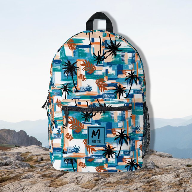 Mochila Impresa Monograma azul del patrón trópico moderno (Modern tropical palm mix checked pattern blue monogram printed backpack, back to school)