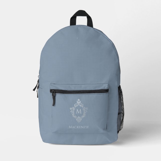 Mochila Impresa Monograma azul turbio en Escudo de época y nombre  (Anverso)