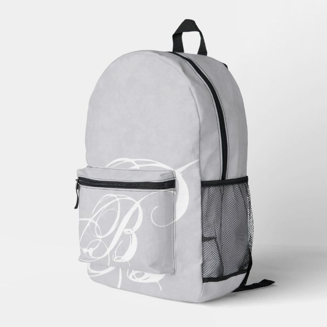 Mochila Impresa Monograma blanco desordenado sobre la grunge gris (Esquina derecha trasera )