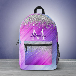 Mochila Impresa Monograma brillante de plata falsa morada cepillad