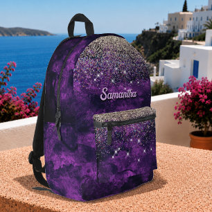Mochila Impresa Monograma brillante falso de oro morado oscuro lin