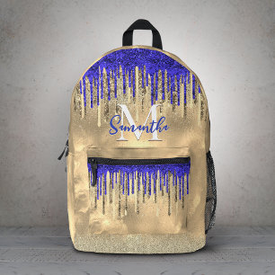 Mochila Impresa Monograma chic azul real con brillo dorado que got