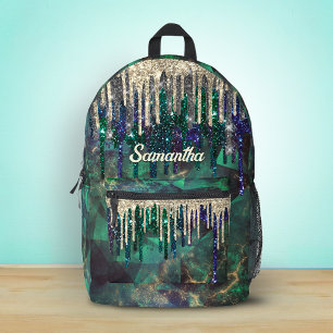 Mochila Impresa Monograma chic con gotas de brillo dorado turquesa
