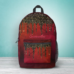 Mochila Impresa Monograma chic con gotas de brillo rojas, negras y