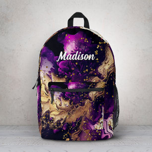 Mochila Impresa Monograma chic de purpurá dorado con brillo falso