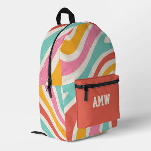 Mochila Impresa Monograma Coloridas Rayas Onduladas Retro