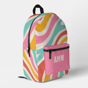 Mochila Impresa Monograma Coloridas Rayas Onduladas Retro