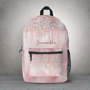 Mochila Impresa Monograma con gotas de brillo dorado rosa chic