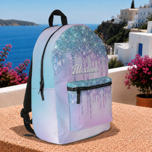 Mochila Impresa Monograma con gotas de purpurina turquesa morada l