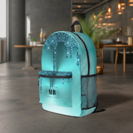 Mochila Impresa Monograma con goteo de brillo metálico turquesa